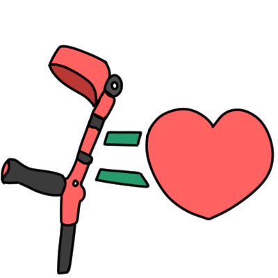 a pink forearm crutch, a green equals sign, and a pink loveheart.